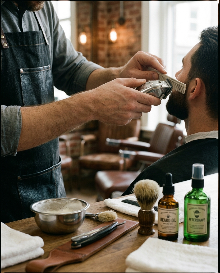 Frizer ajustând barba unui client într-un salon